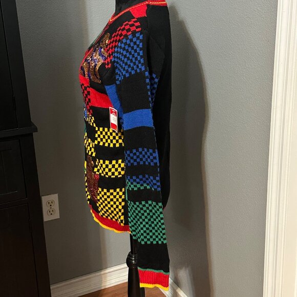 Holiday Time Ugly Christmas Sweater Womens S Dinosaur Red Black Sequins NWT - Picture 3 of 9